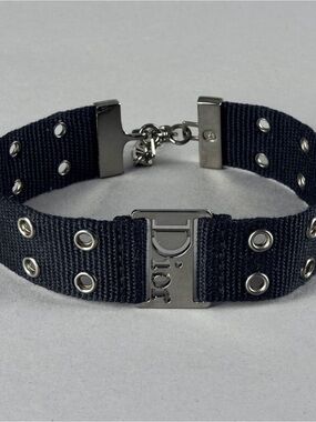 Dior Black and Silver Logo-Plate Grommet Choker